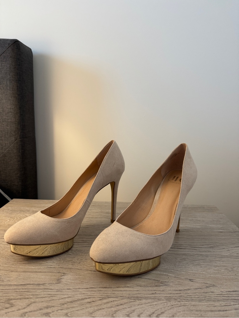Jennifer Lopez Beige Suede Platform Stiletto Pumps with Gold Trim
